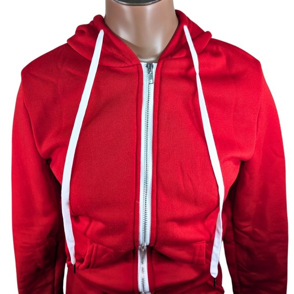 Red Sweatsuit sz XS NWOT Zip Front Hoodie Jogger Sweatpants White Trim - Picture 6 of 9